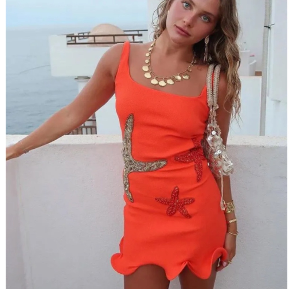 Sexy Orange Sequin Star Mini Dress